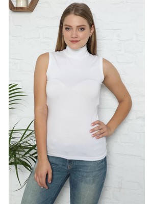Veralya Moda Bayan Sıfır Kol Yarım Balıkçı Yaka Body Beyaz