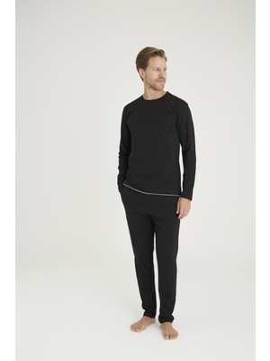 Kly Erkek Midi Yaka %100 Pamuklu 4 Mevsim Uzun Kollu Şerit Detaylı Pijama Takım