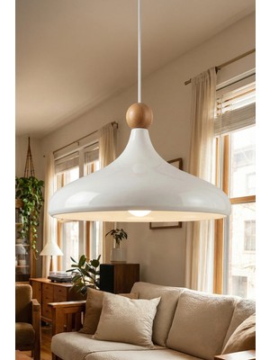 Marrien Nova Bohem Ahşap Boncuklu Krem Metal Sarkıt (35 cm) Yemek Masası Üstü Avize