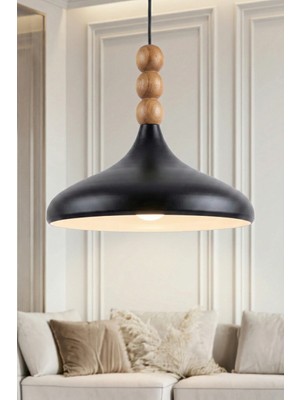 Marrien Nova Bohem Ahşap 3 Boncuklu Siyah Metal Sarkıt (35 cm) Yemek Masası Üstü Avize