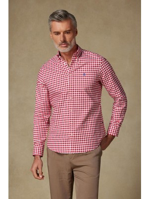 Abbate Lusso Twill Pamuklu Comfort Fit Kırmızı Düğmeli Yaka Erkek Kareli Gömlek