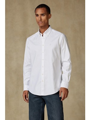 Abbate Luca Oxford Stretch Pamuk Karışımlı Comfort Fit Beyaz Düğmeli Yaka Erkek Düz Gömlek