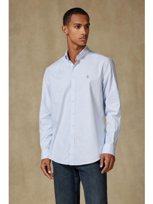 Abbate Luca Oxford Stretch Pamuk Karışımlı Comfort Fit Açık Mavi Düğmeli Yaka Erkek Çizgili Gömlek