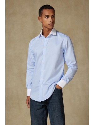 Abbate Grant Non Iron Twill Pamuklu Slim Fit Açık Mavi Klasik Yaka Erkek Çizgili Gömlek