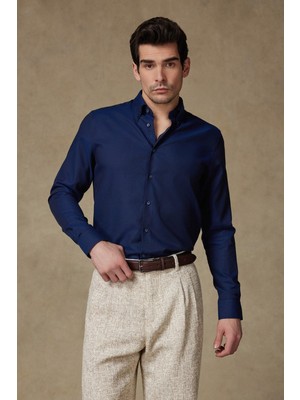 Abbate Carlo Royal Oxford Pamuklu Slim Fit Lacivert Düğmeli Yaka Erkek Düz Gömlek