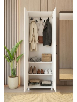 Montenero Portmanto Parlak Beyaz Ayakkabılık Vestiyer 2 Kapaklı