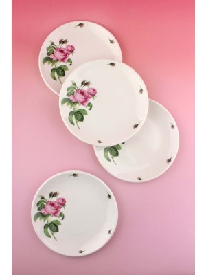 UltraMint Pembe Gül Tasarımlı 4'lü Porselen Pasta Tabağı Seti