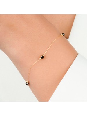 Hakan Mücevherat Siyah Taşlı 14 Ayar Altın Minimal Bileklik