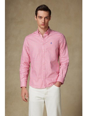 Abbate Lusso Twill Pamuklu Comfort Fit Pembe Düğmeli Yaka Erkek Kareli Gömlek