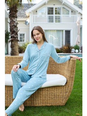 Remsa Kadın Desenli Önü Düğmeli Yumuşak Milan Kumaş Pijama Takımı 250360 Bebe Mavisi