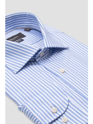 Abbate Marco Twill Pamuklu Slim Fit Açık Mavi Klasik Yaka Erkek Çizgili Gömlek
