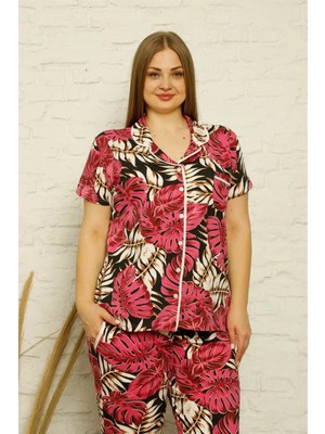 Veralya Moda Kadın Pamuklu Cepli Kısa Kol Büyük Beden Pijama Takım Fuşya