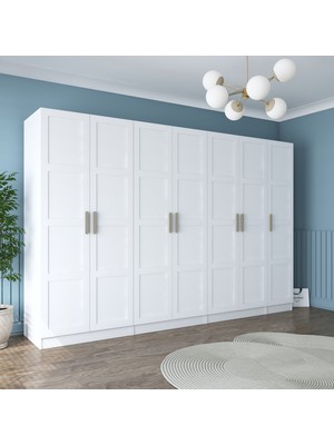 Rani BA193 Membran Kapaklı Gardırop 12 Raflı 3 Askılı 7 Kapaklı Elbise Dolabı Beyaz