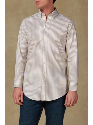 Abbate Carlo Twill Pamuklu Slim Fit Krem Düğmeli Yaka Erkek Çizgili Gömlek