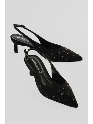 Mubiano Kadın Süet Stiletto Sivri Burun Taş Detaylı Arkası Açık Topuklu Ayakkabı Alba Siyah