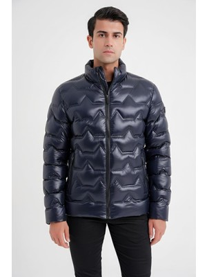 Efor Slim Fit Hakim Yaka Yan Cepli Kaz Tüyü Lacivert Şişme Mont mt 175