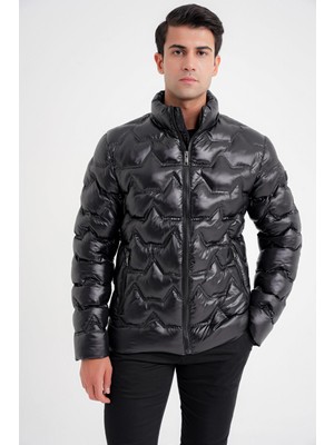 Efor Slim Fit Hakim Yaka Yan Cepli Kaz Tüyü Siyah Şişme Mont mt 175