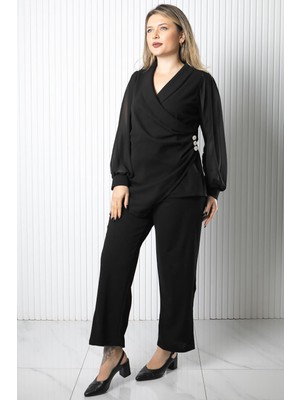 Modaviki Düğme Detaylı Şifon Kol Takım Siyah MDV976