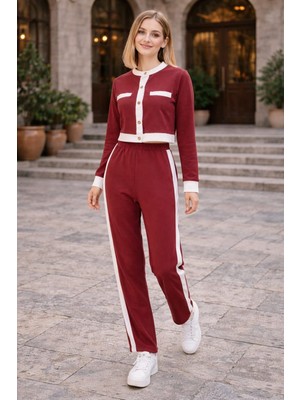 Moda Şerit Detaylı Düğmeli Üst Pantolon 2’li Kadın Takım Spor Şık