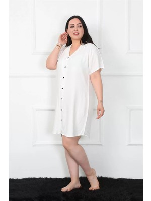 Veralya Moda Büyük Beden Dokuma Düğmeli Beyaz Tunik Gecelik