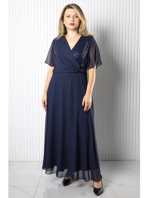 Modaviki Pul Payet Detaylı Şifon Elbise Elbise Lacivert MDV978