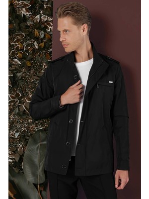 Efor Hakim Yaka Düğme ve Fermuarlı Yan Cepli Mevsimlik Siyah Mont Ka 077