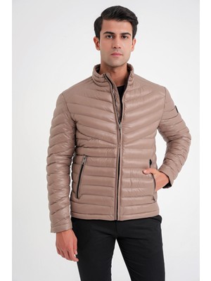 Efor Slim Fit Hakim Yaka Yan Cepli Kaz Tüyü Bej Şişme Mont mt 176