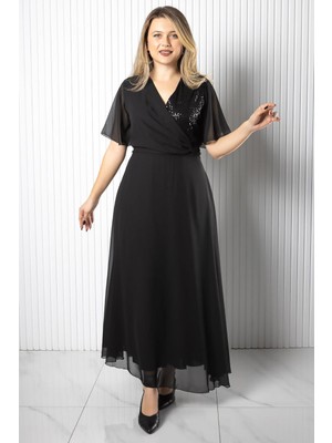 Modaviki Pul Payet Detaylı Şifon Elbise Elbise Siyah MDV978