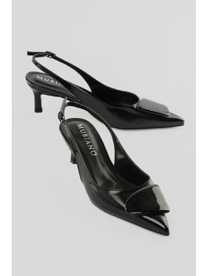 Mubiano Kadın Stiletto Sivri Burun Tokalı Arkası Açık Topuklu Ayakkabı Vira Siyah