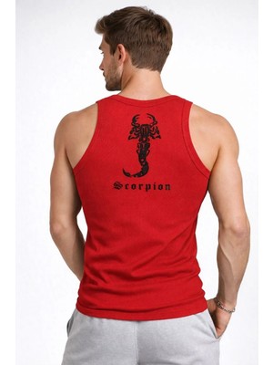 Tarz Yeri Erkek Fitilli Atlet Sıfır Yaka Slim Fit Arka Baskılı Spor Atlet - Kırmızı
