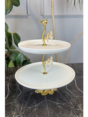 UltraMint 2 Katlı Porselen Ayaklı Kurabiye Sunum Tabak Sedef Kelebek Detaylı