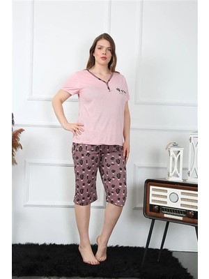 Veralya Moda Kadın Büyük Beden Viscon Kapri Pijama Takım Pembe