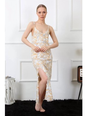 Veralya Moda Kadın Ip Askılı Uzun Gecelik Krem