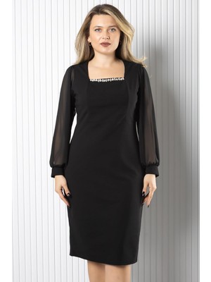 Modaviki Kare Yaka Zarif Elbise  Siyah MDV982