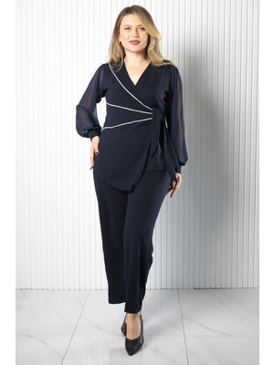 Modaviki Kruvaze Bluz Pantolon Takım Lacivert MDV964