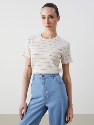 Lc Waikiki Yeni Sezon Bisiklet Yaka Çizgili Kadın Tişört