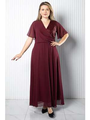 Modaviki Pul Payet Detaylı Şifon Elbise Elbise Bordo MDV978