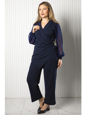 Modaviki Düğme Detaylı Şifon Kol Takım Lacivert MDV976