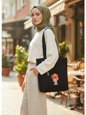 Bordglow Siyah Cepli Bez Çanta Gabardin Plaj Çantası Büyük Boy Günlük Omuz Çantası Kalın Kumaş Tote Bag