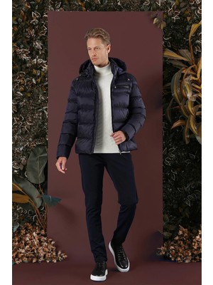 Efor Sim Fit Kapüşonlu Yan Cep Fermuarlı Lacivert Şişme Mont mt 167