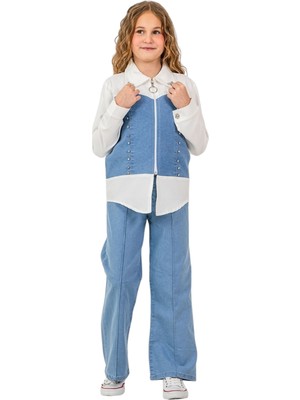 İrem Çocuk Giyim Kız Çocuk Yaka Göğüs Taş Detaylı Fermuar Kapamalı Kot Geçişli Ekru Renk Gömlek Kot Pantolon Takımı