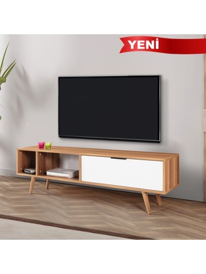 EVMO Home 3644 Venüs Tv Ünitesi 160 cm ( Ahşap Ayaklı , Metal Kulplu ) , Söğüt - Beyaz