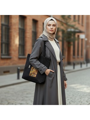 Bordglow Siyah Cepli Bez Çanta Gabardin Plaj Çantası Büyük Boy Günlük Omuz Çantası Kalın Kumaş Tote Bag