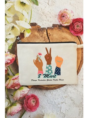 Pekshop Girl Power Tasarım 8 Mart Kadınlar Günü Hediyesi Astarlı Makyaj Çantası Clutch Çanta
