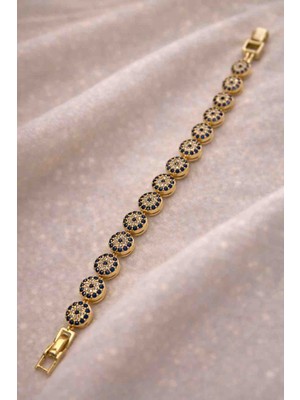 Stainless Steel Gold Renk Lacivert Taşlı Nazar Boncuklu Kadın Bileklik | Çelik Bileklik