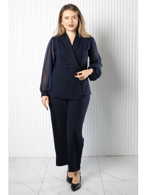 Modaviki Şifon Kol Kruvaze Takım Lacivert MDV966