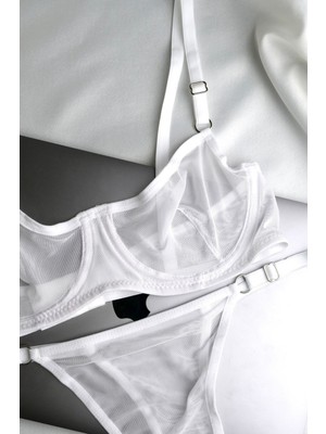 Feenia Beyaz Tül Basic Transparan Bianco Sütyen Takım