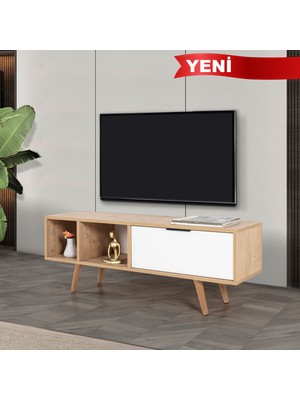 EVMO Home 3340 Venüs Tv Ünitesi 130 cm ( Ahşap Ayaklı , Metal Kulplu ) Safir - Beyaz