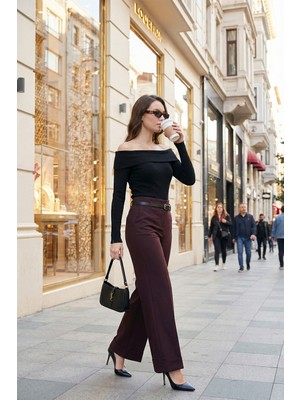 Lela Wide Leg Yüksek Bel Kıvırma Detaylı Bol Paça Kemerli Pantolon Bayan Pantolon 6923841