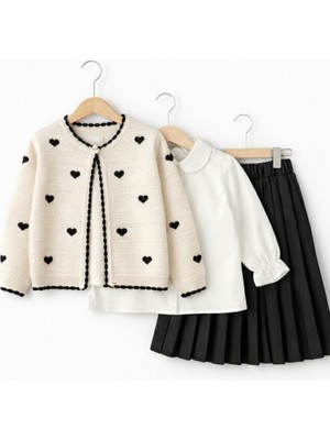 Bambino Kalp Desenli Triko Hırkalı Pileli Etekli 3 Lü Kız Takımı